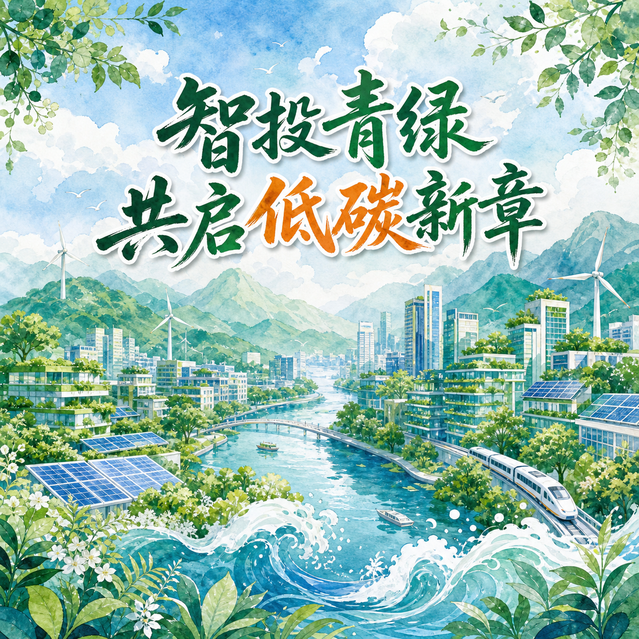 智投青绿、共启低碳新章的绿色能源城市插画海报